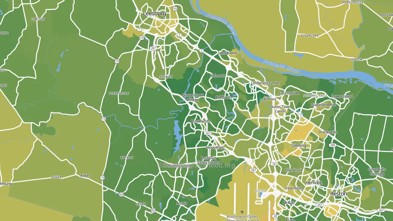 Map of the best neighborhoods in the Loudoun County area, with better matches in green and worse matches in red
