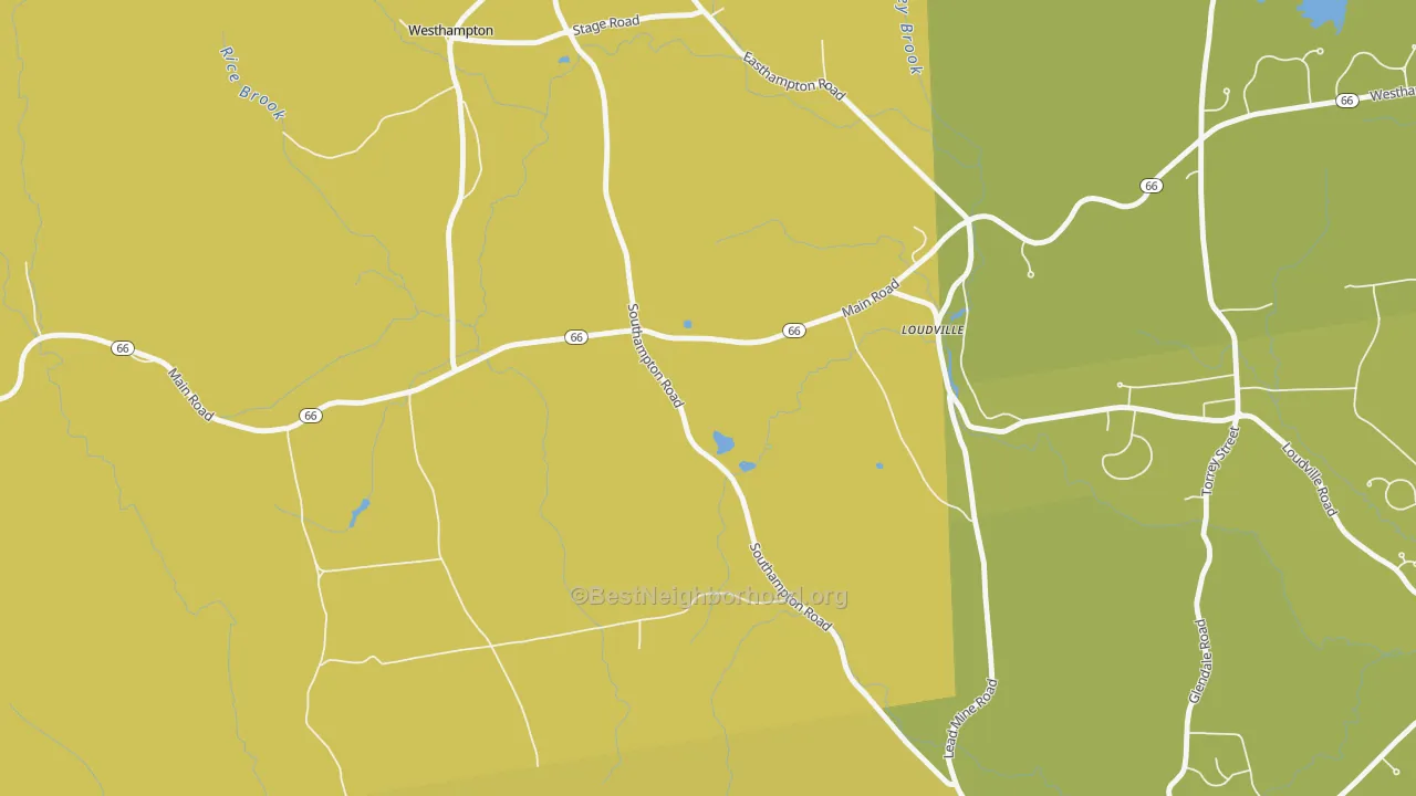 Map of the best neighborhoods in the Loudville area, with better matches in green and worse matches in red