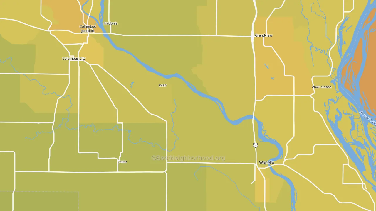 Map of the best neighborhoods in the Louisa County area, with better matches in green and worse matches in red
