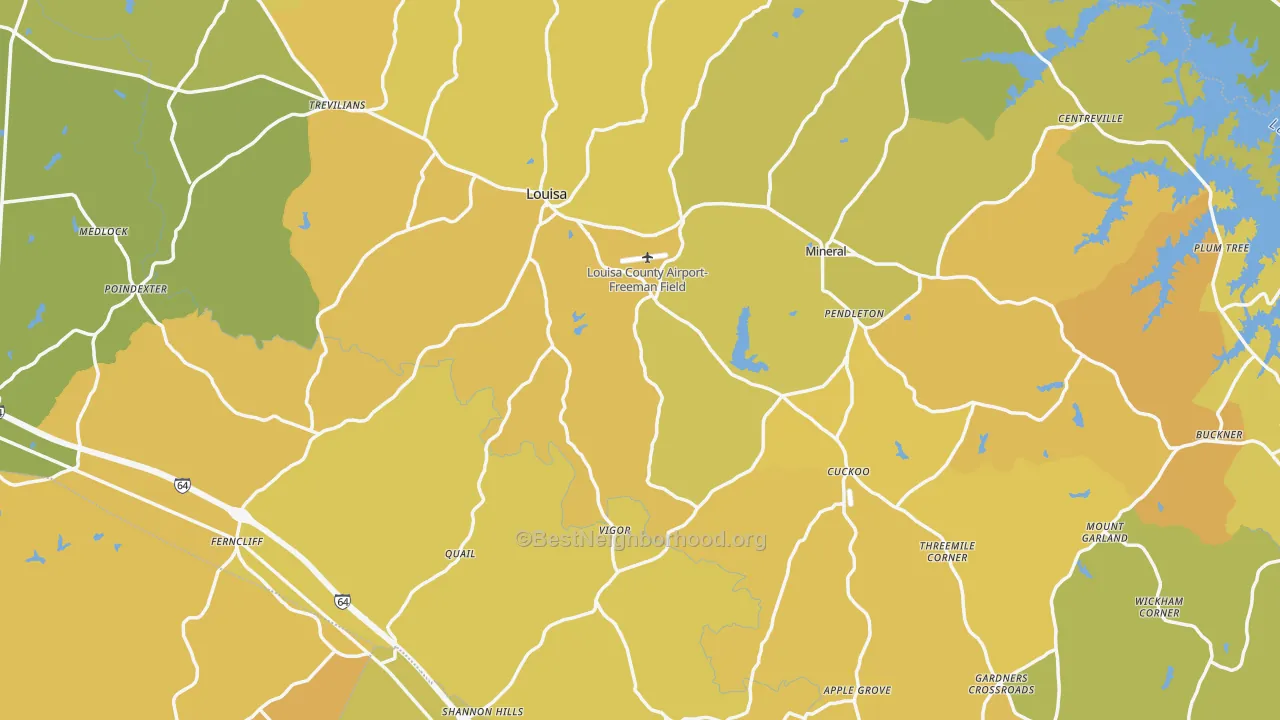Map of the best neighborhoods in the Louisa County area, with better matches in green and worse matches in red