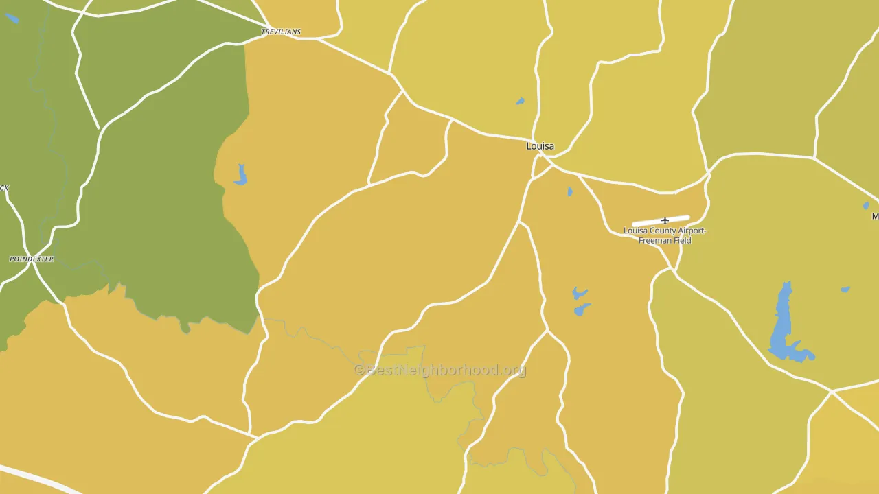 Map of the best neighborhoods in the Louisa area, with better matches in green and worse matches in red