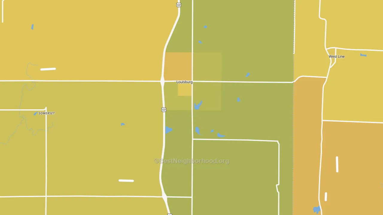 Map of the best neighborhoods in the Louisburg area, with better matches in green and worse matches in red