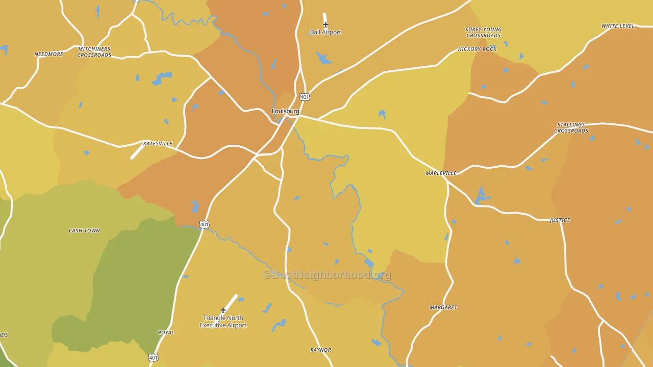 Map of the best neighborhoods in the Louisburg area, with better matches in green and worse matches in red