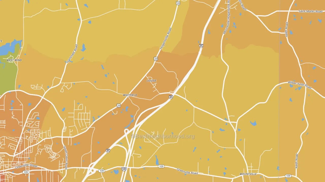 Map of the best neighborhoods in the Louise area, with better matches in green and worse matches in red
