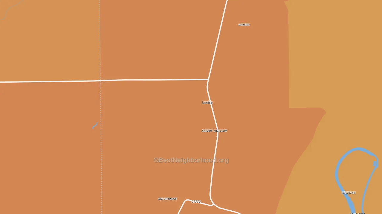 Map of the best neighborhoods in the Louise area, with better matches in green and worse matches in red