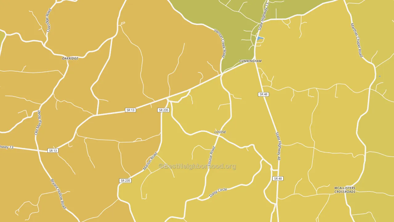 Map of the best neighborhoods in the Louise area, with better matches in green and worse matches in red