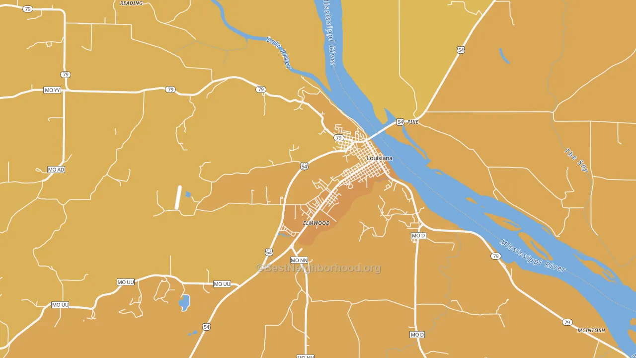Map of the best neighborhoods in the Louisiana area, with better matches in green and worse matches in red