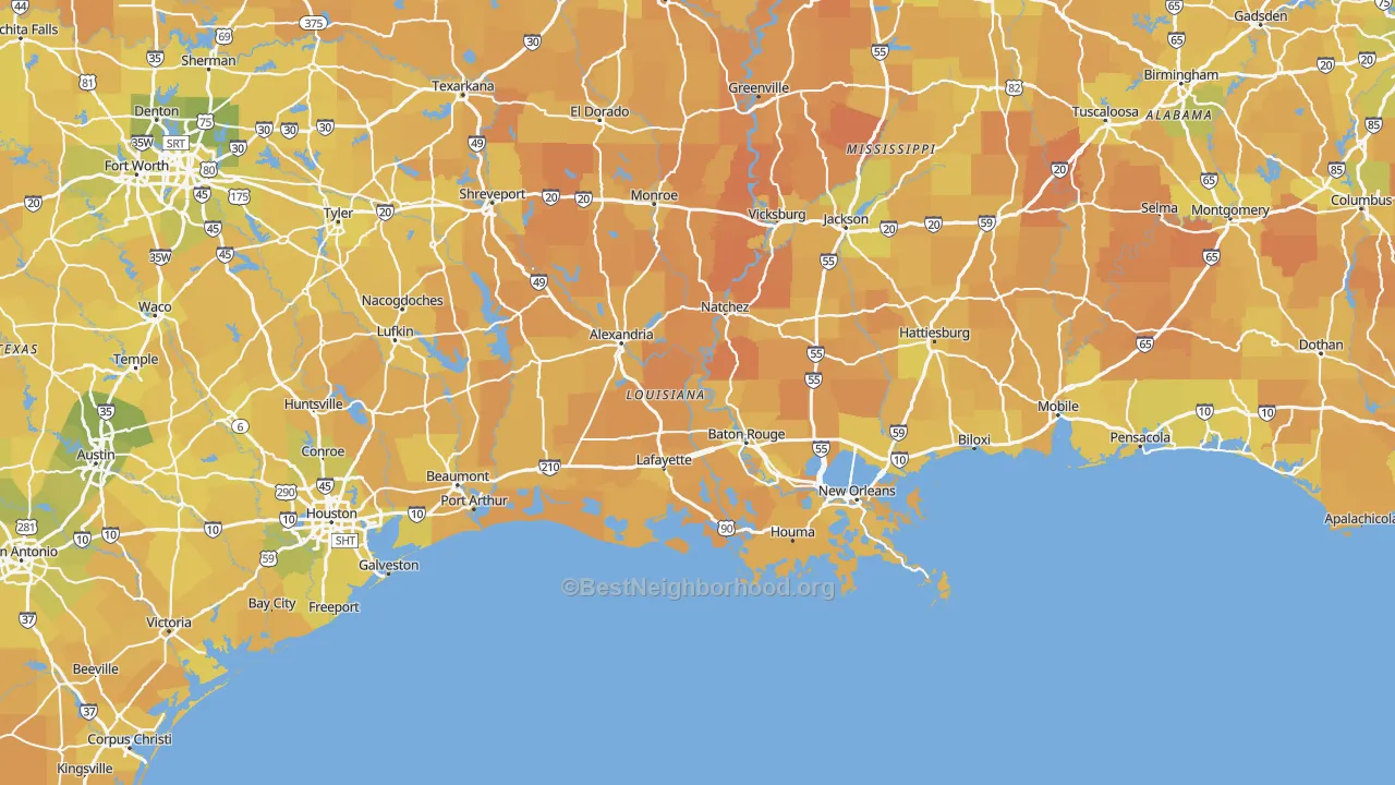 Map of the best neighborhoods in the Louisiana area, with better matches in green and worse matches in red