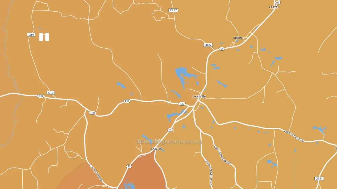 Map of the best neighborhoods in the Louisville area, with better matches in green and worse matches in red