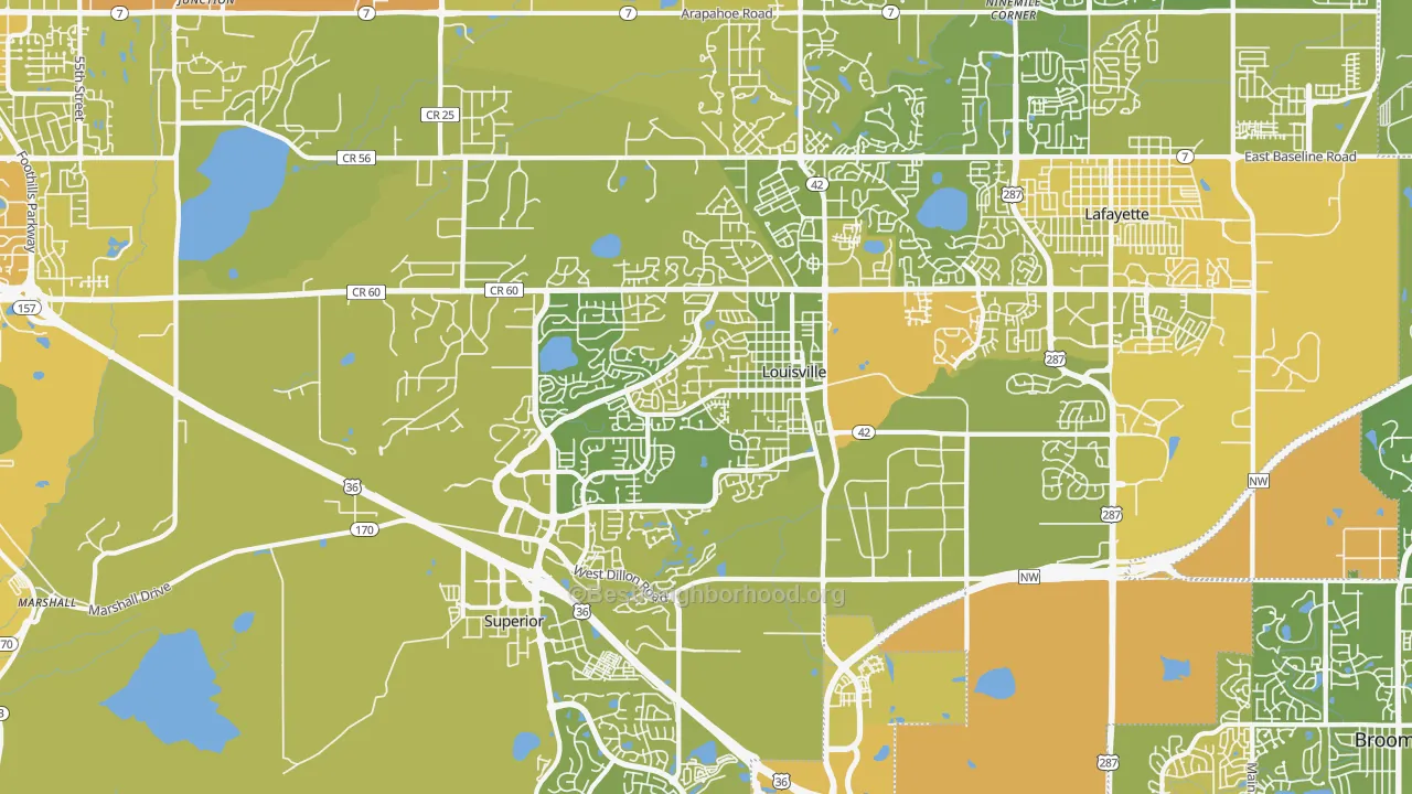 Map of the best neighborhoods in the Louisville area, with better matches in green and worse matches in red