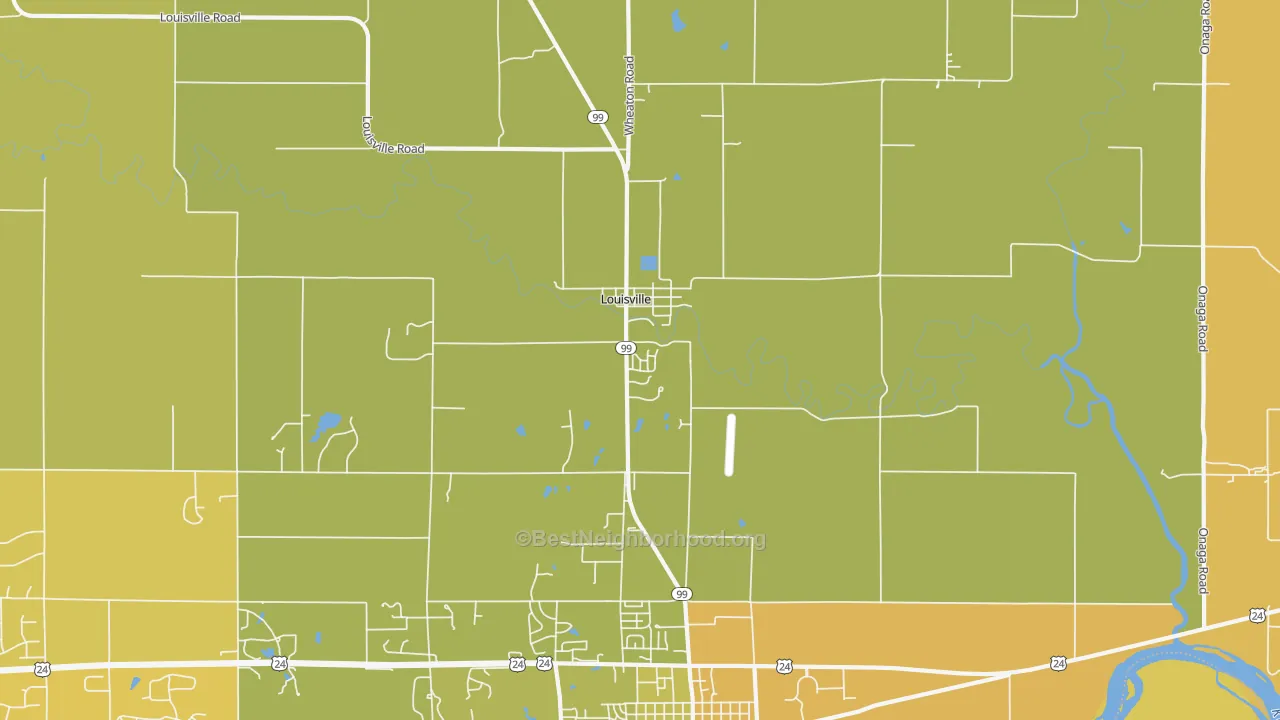 Map of the best neighborhoods in the Louisville area, with better matches in green and worse matches in red