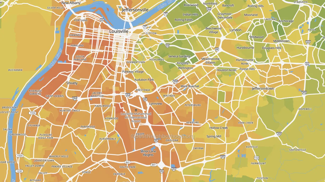 Map of the best neighborhoods in the Louisville Metro area, with better matches in green and worse matches in red