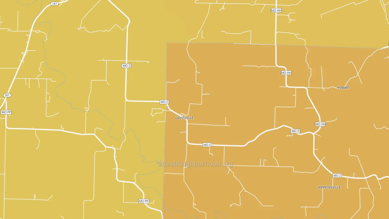 Map of the best neighborhoods in the Louisville area, with better matches in green and worse matches in red