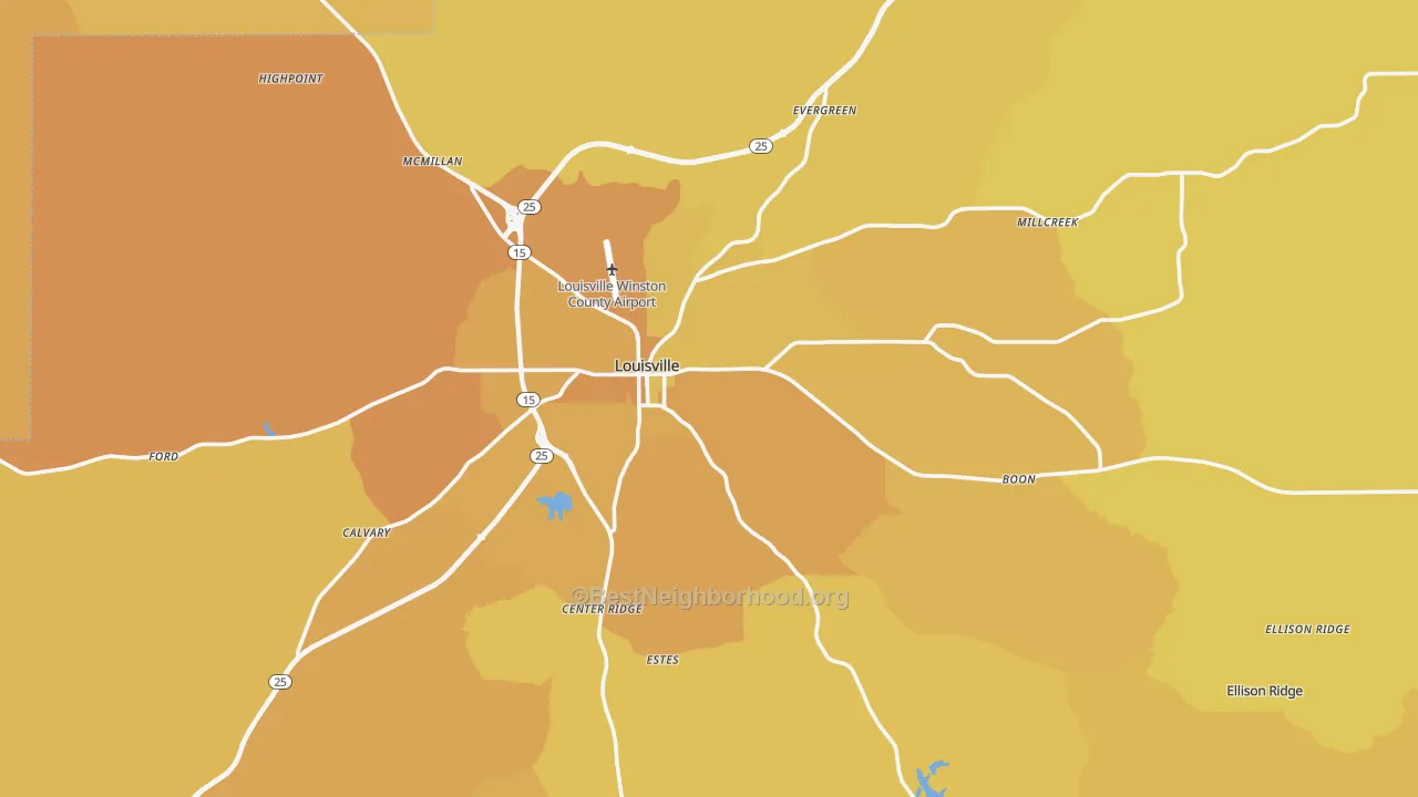 Map of the best neighborhoods in the Louisville area, with better matches in green and worse matches in red