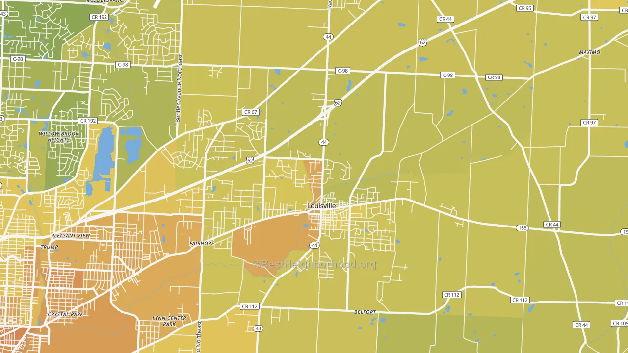 Map of the best neighborhoods in the Louisville area, with better matches in green and worse matches in red