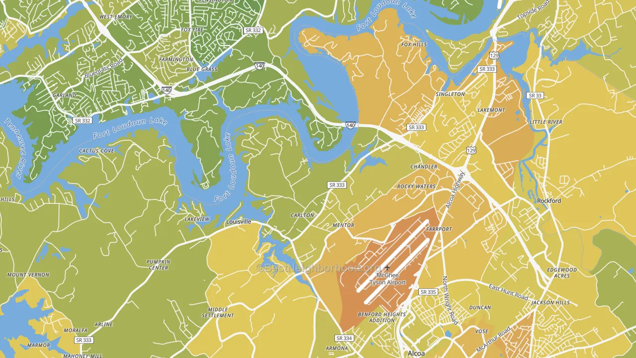 Map of the best neighborhoods in the Louisville area, with better matches in green and worse matches in red