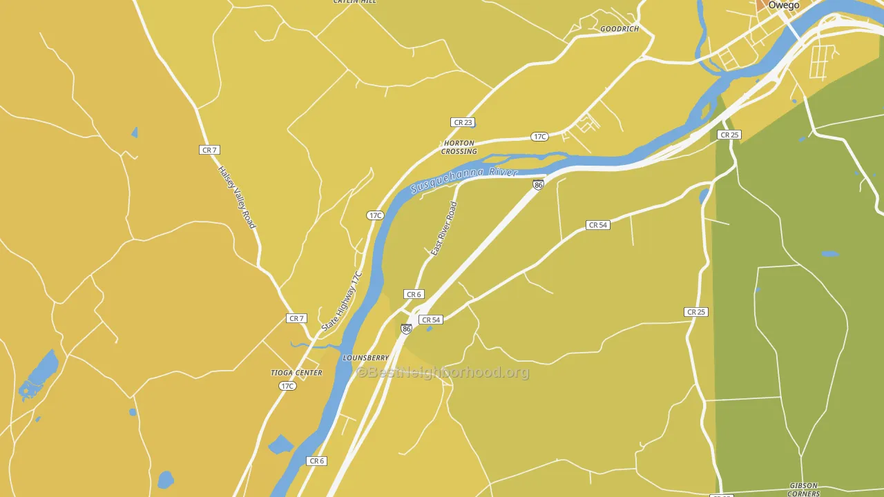 Map of the best neighborhoods in the Lounsberry area, with better matches in green and worse matches in red