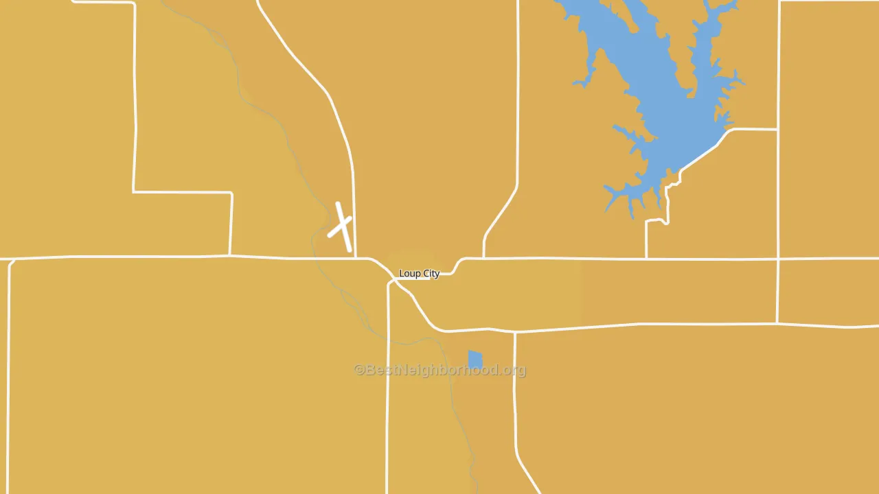 Map of the best neighborhoods in the Loup City area, with better matches in green and worse matches in red
