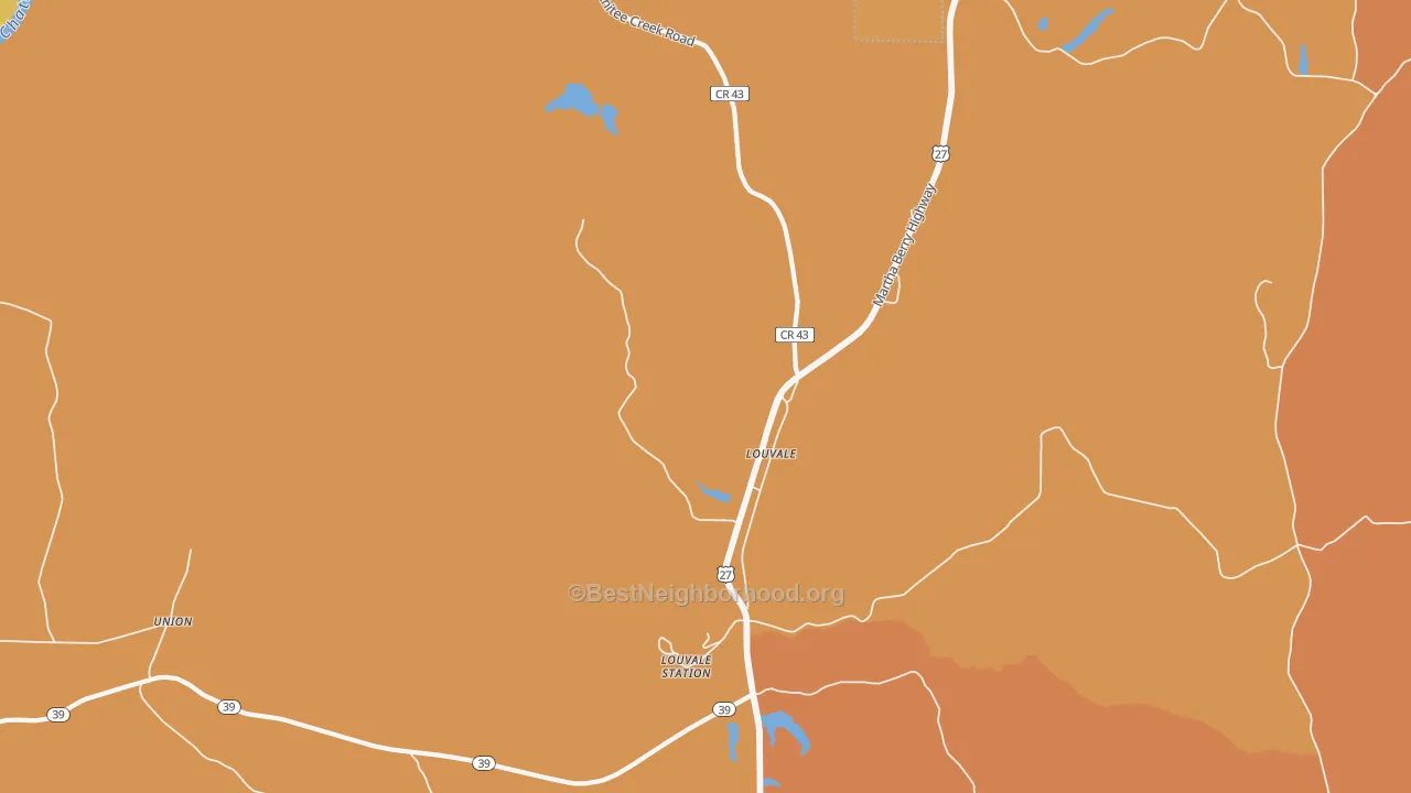Map of the best neighborhoods in the Louvale area, with better matches in green and worse matches in red