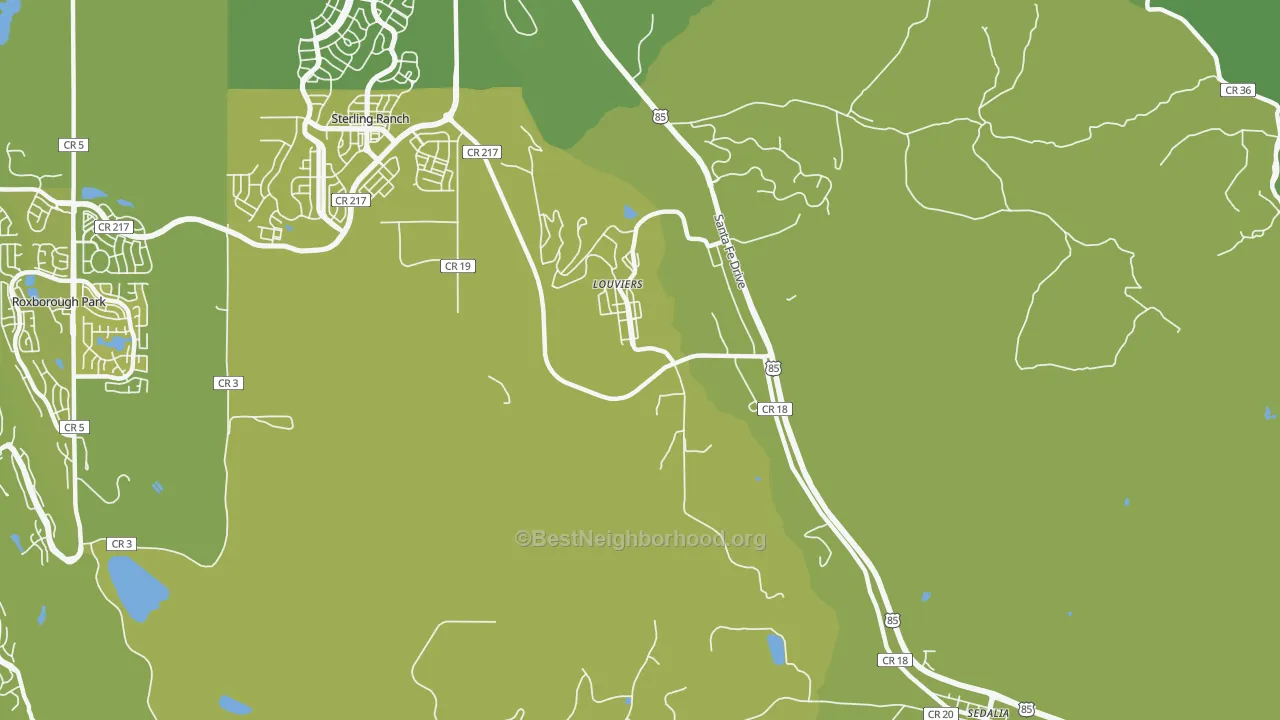 Map of the best neighborhoods in the Louviers area, with better matches in green and worse matches in red