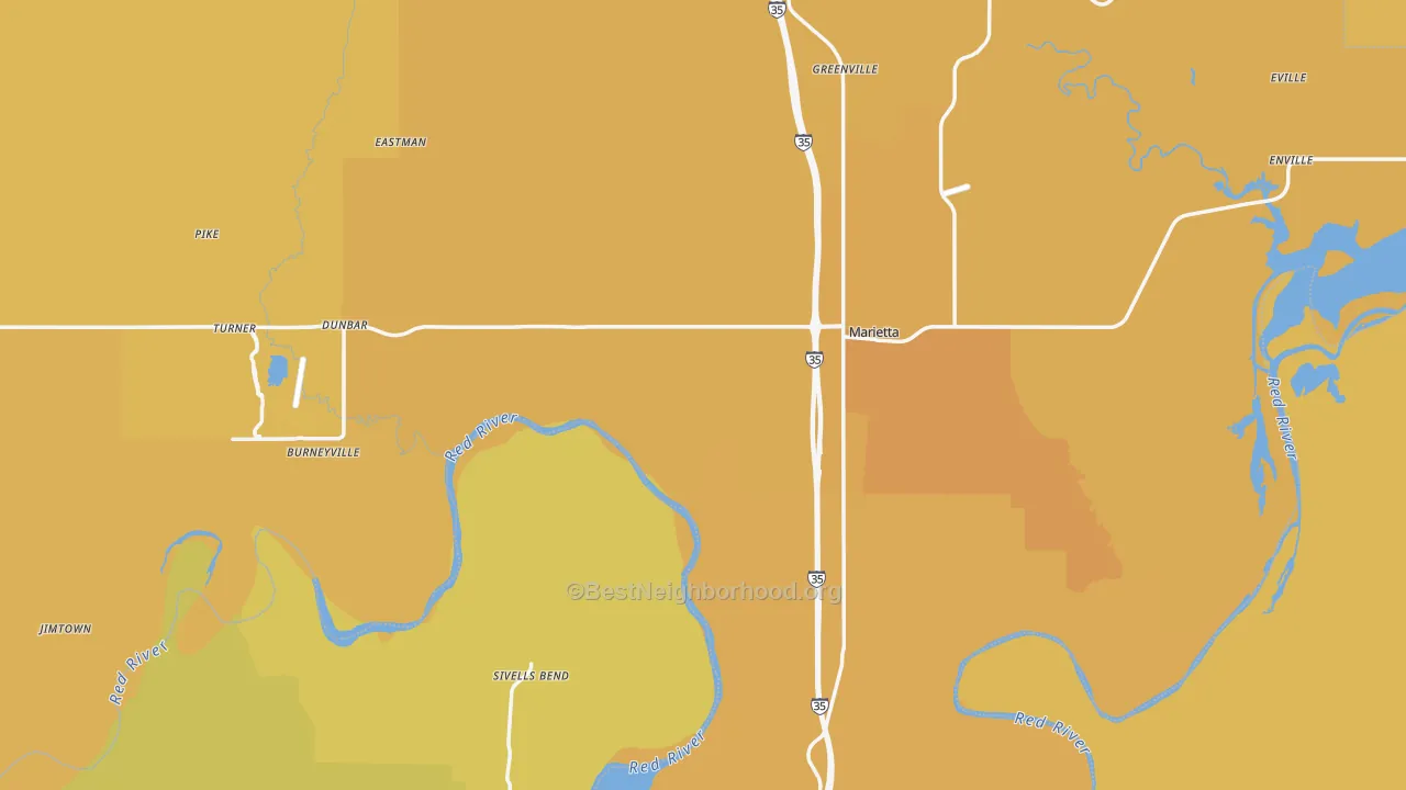 Map of the best neighborhoods in the Love County area, with better matches in green and worse matches in red