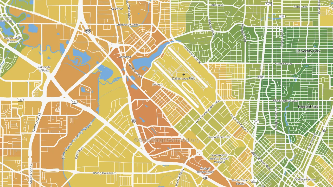 Map of the best neighborhoods in the Love Field Area, Dallas area, with better matches in green and worse matches in red