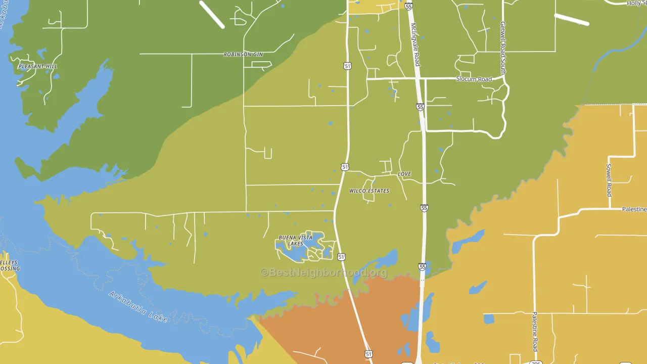 Map of the best neighborhoods in the Love area, with better matches in green and worse matches in red