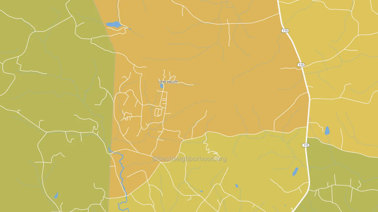 Map of the best neighborhoods in the Love Valley area, with better matches in green and worse matches in red