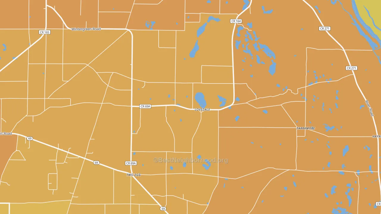 Map of the best neighborhoods in the Lovedale area, with better matches in green and worse matches in red