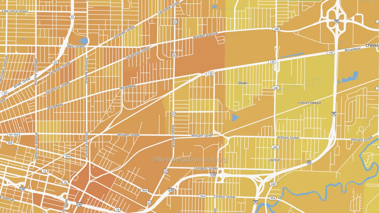 Map of the best neighborhoods in the Lovejoy, Buffalo area, with better matches in green and worse matches in red