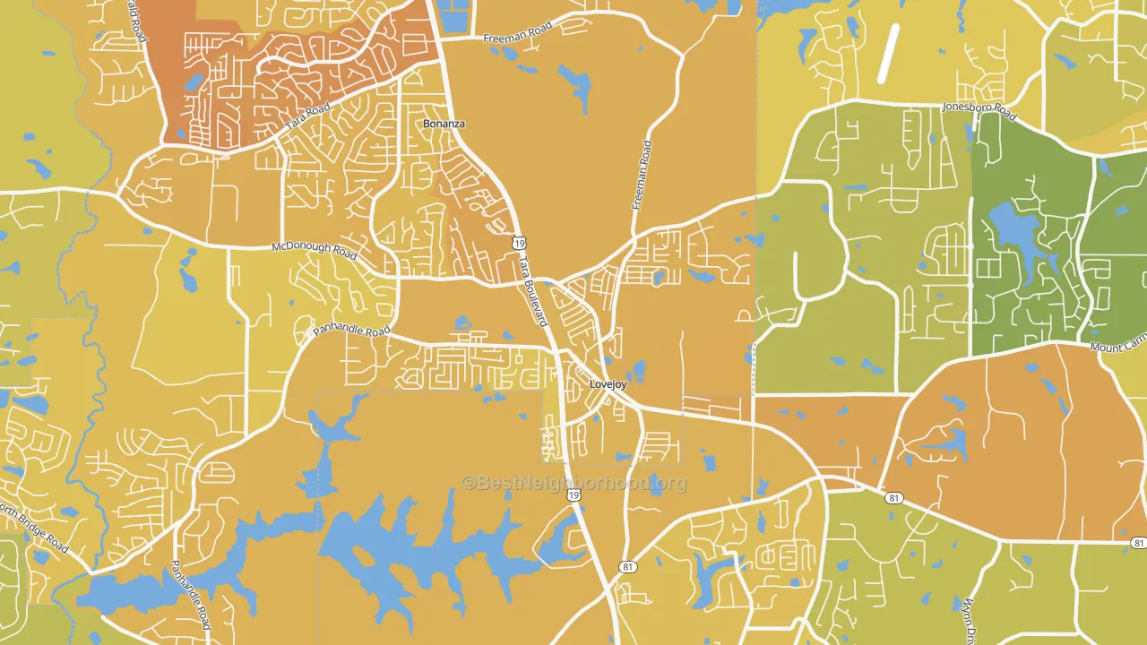 Map of the best neighborhoods in the Lovejoy area, with better matches in green and worse matches in red