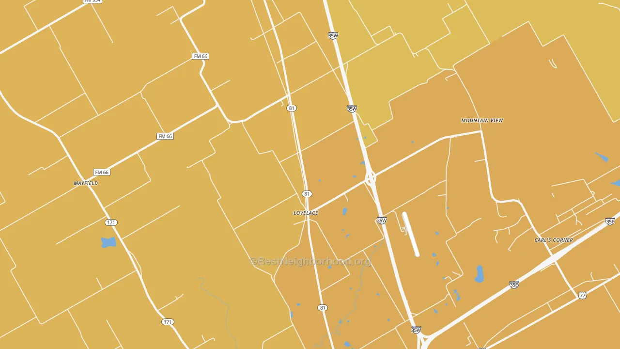 Map of the best neighborhoods in the Lovelace area, with better matches in green and worse matches in red