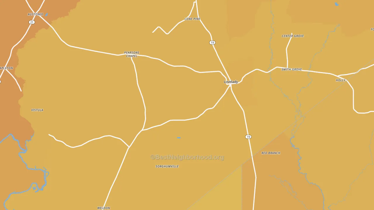 Map of the best neighborhoods in the Lovelady area, with better matches in green and worse matches in red