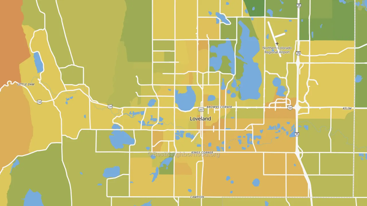 Map of the best neighborhoods in the Loveland area, with better matches in green and worse matches in red