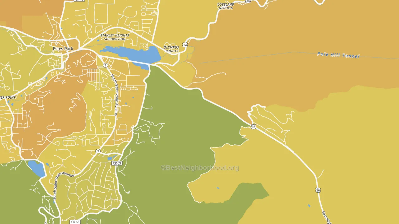 Map of the best neighborhoods in the Loveland Heights area, with better matches in green and worse matches in red
