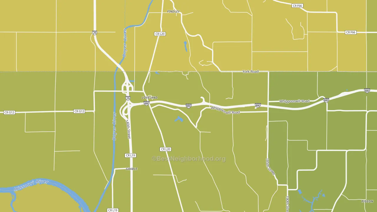 Map of the best neighborhoods in the Loveland area, with better matches in green and worse matches in red