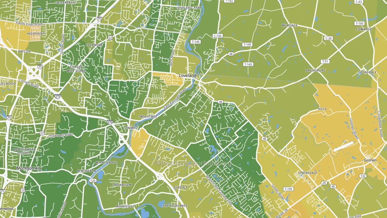 Map of the best neighborhoods in the Loveland area, with better matches in green and worse matches in red