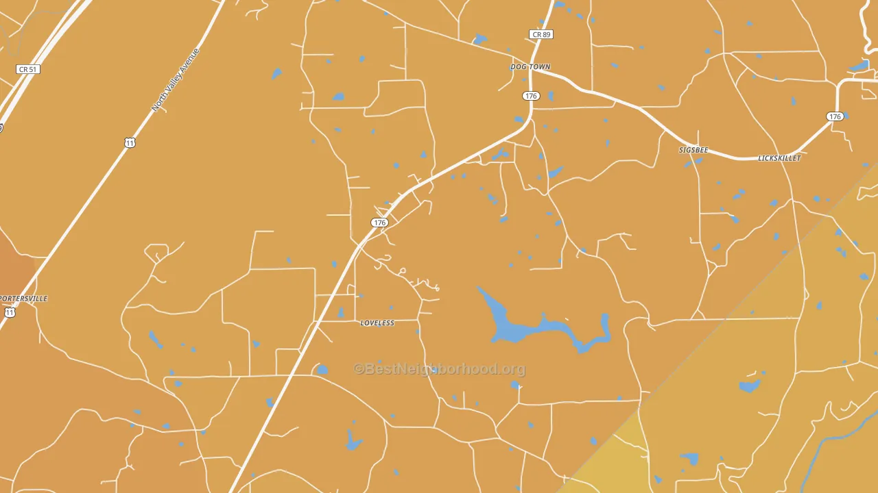 Map of the best neighborhoods in the Loveless area, with better matches in green and worse matches in red