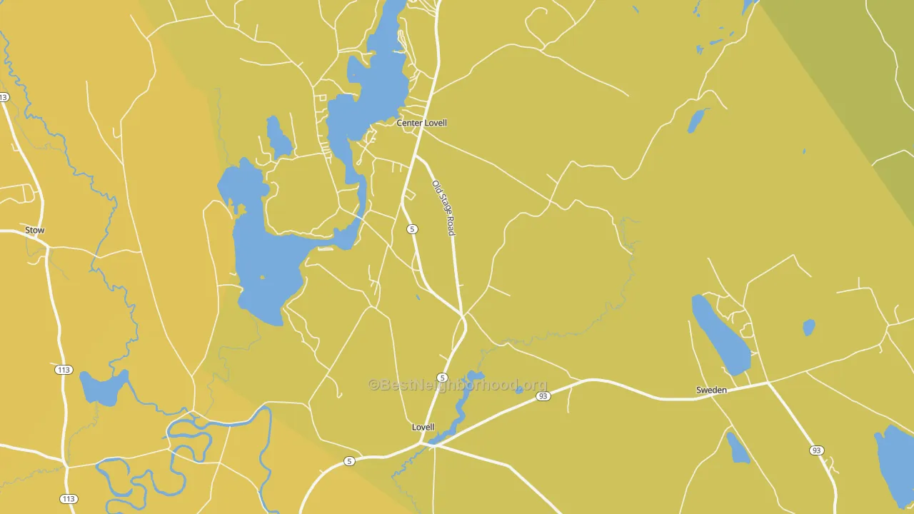 Map of the best neighborhoods in the Lovell area, with better matches in green and worse matches in red