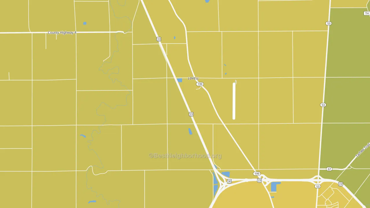 Map of the best neighborhoods in the Lovell area, with better matches in green and worse matches in red