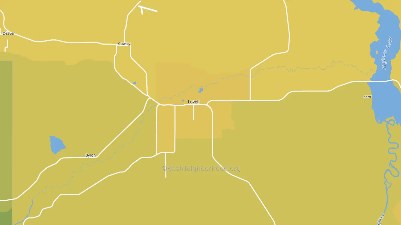 Map of the best neighborhoods in the Lovell area, with better matches in green and worse matches in red
