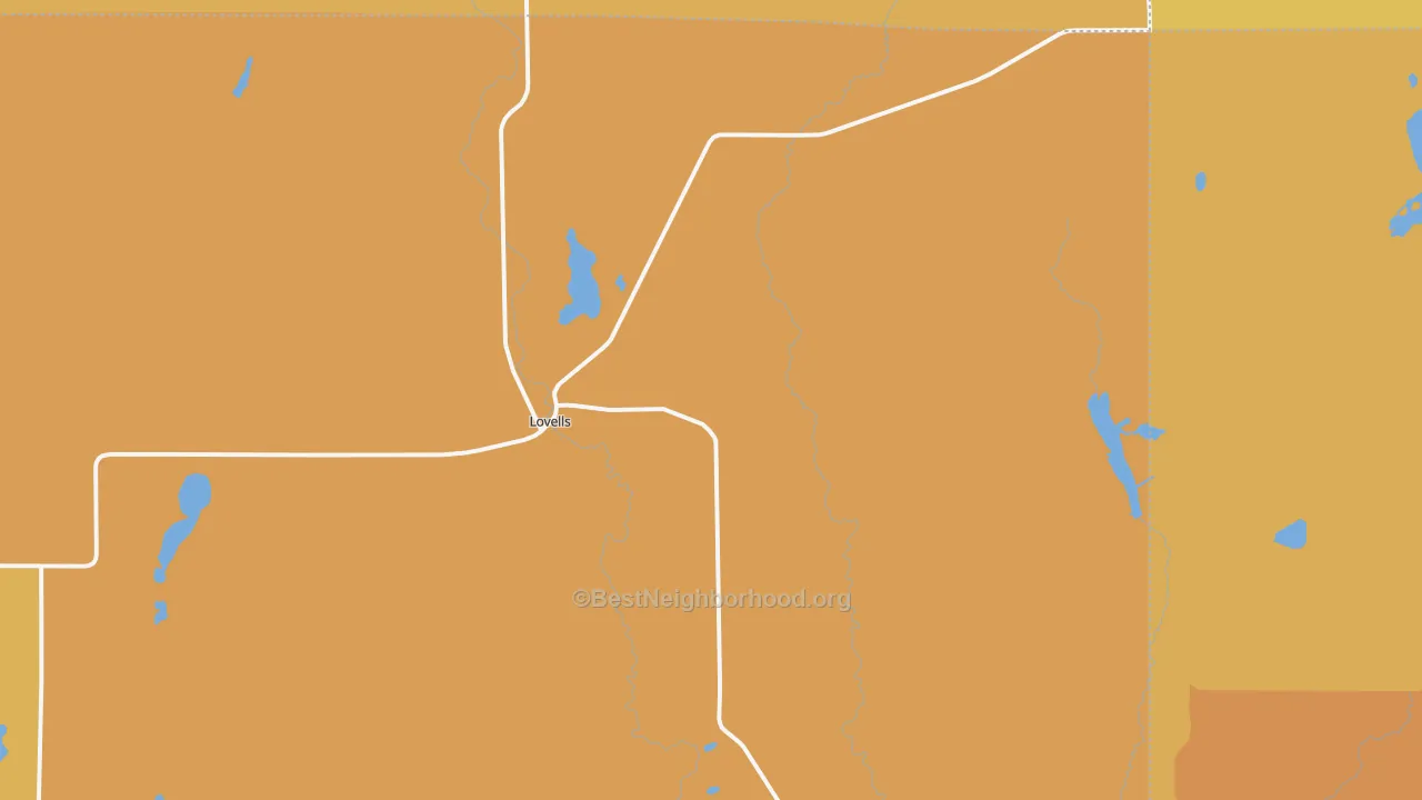 Map of the best neighborhoods in the Lovells area, with better matches in green and worse matches in red