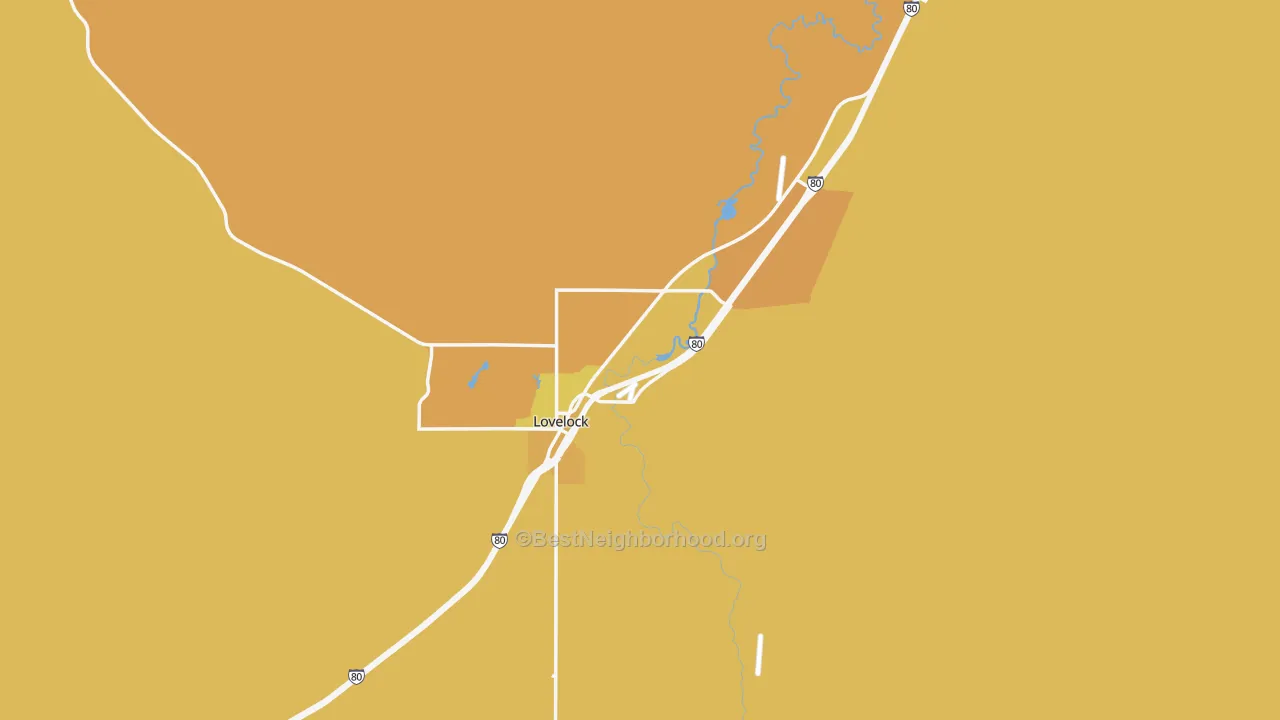 Map of the best neighborhoods in the Lovelock area, with better matches in green and worse matches in red