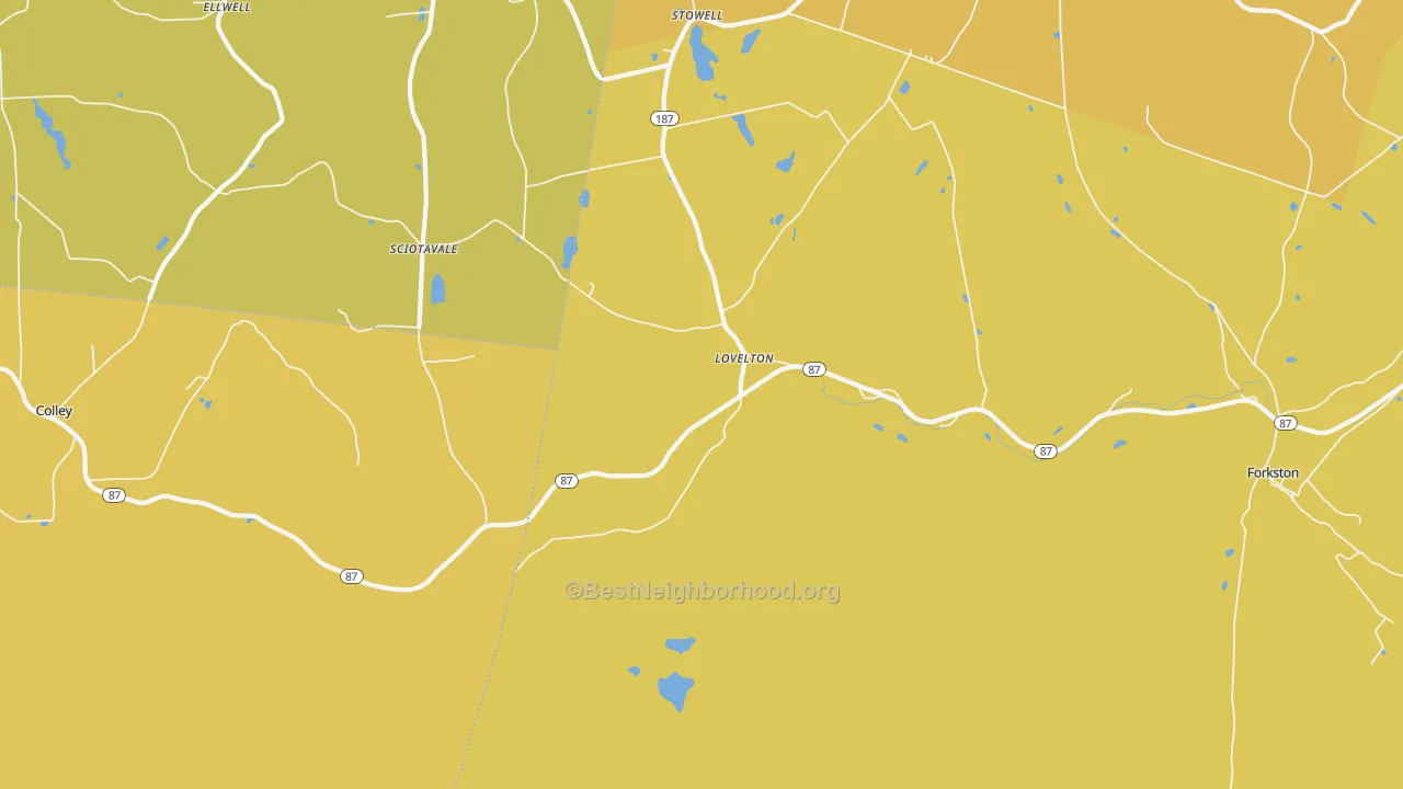 Map of the best neighborhoods in the Lovelton area, with better matches in green and worse matches in red