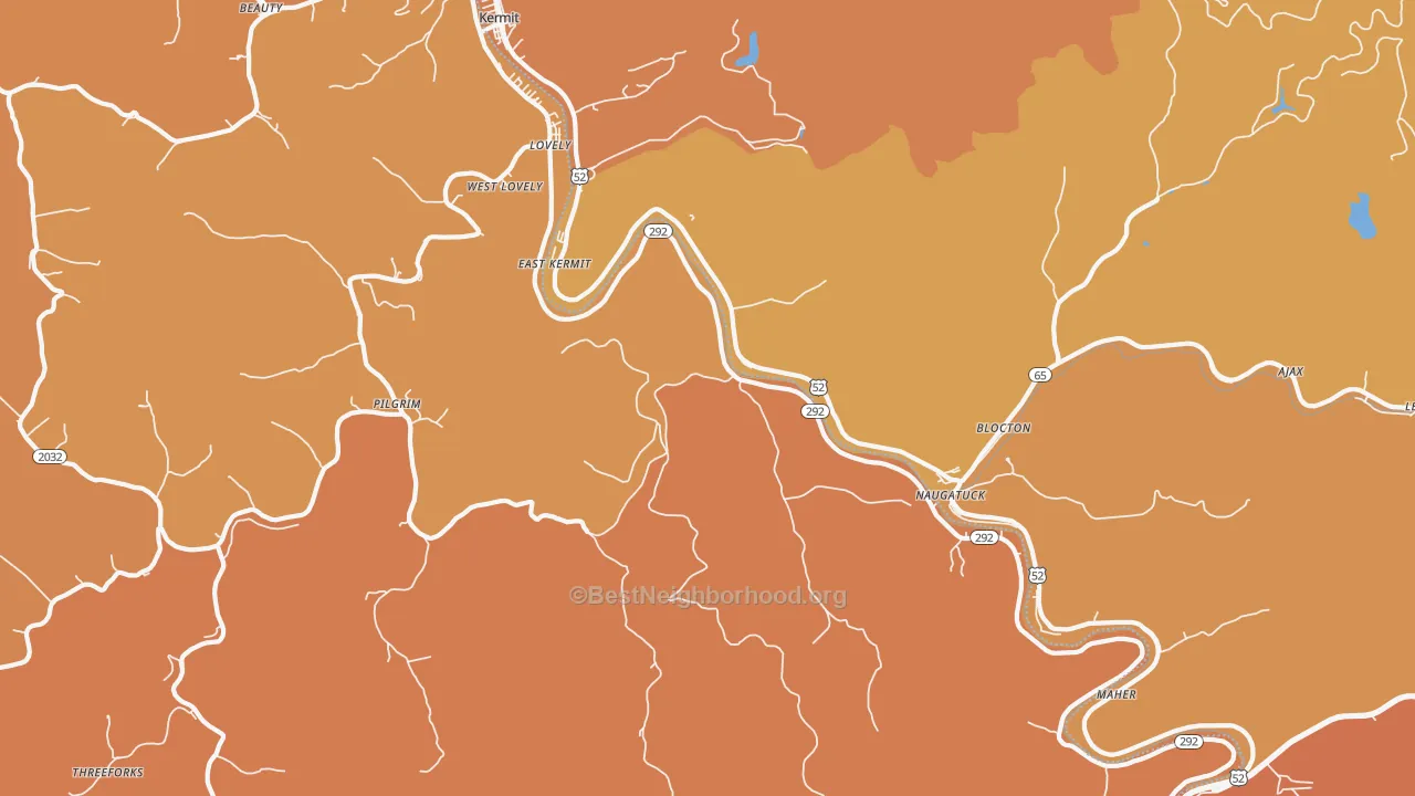 Map of the best neighborhoods in the Lovely area, with better matches in green and worse matches in red