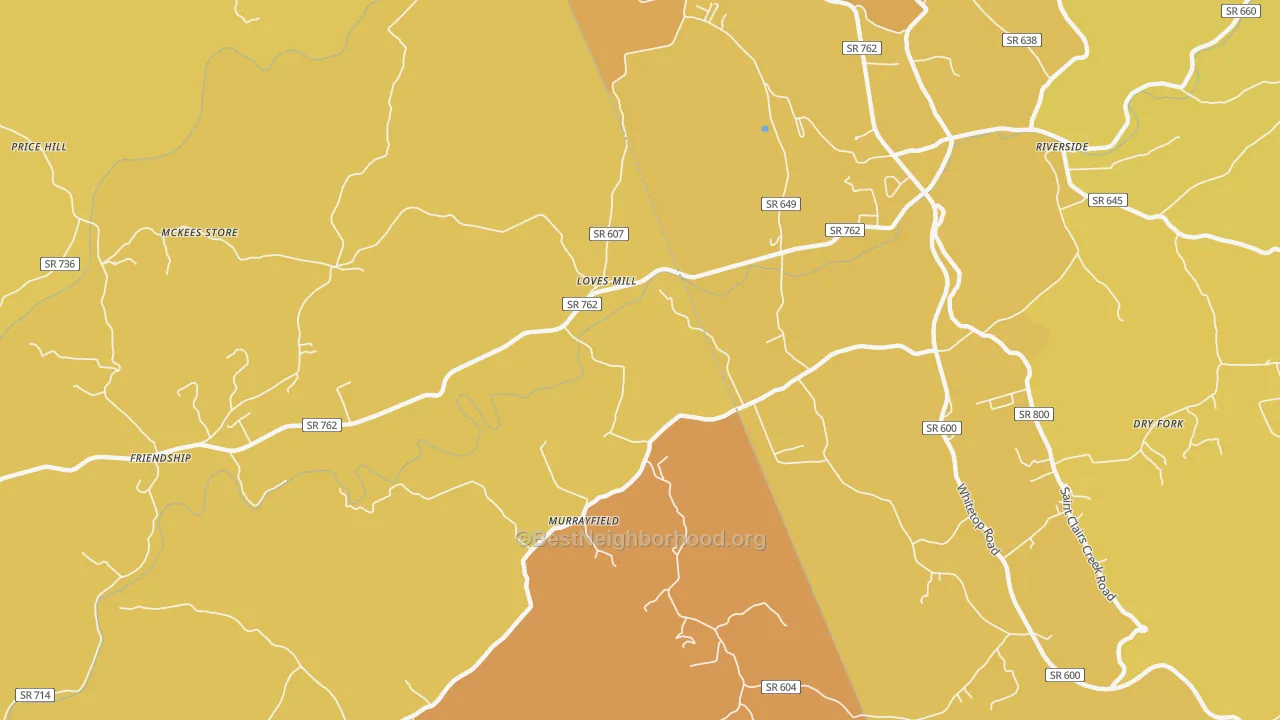 Map of the best neighborhoods in the Loves Mill area, with better matches in green and worse matches in red