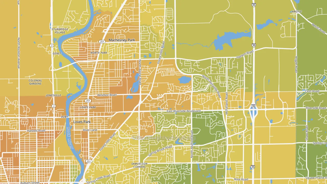 Map of the best neighborhoods in the Loves Park area, with better matches in green and worse matches in red
