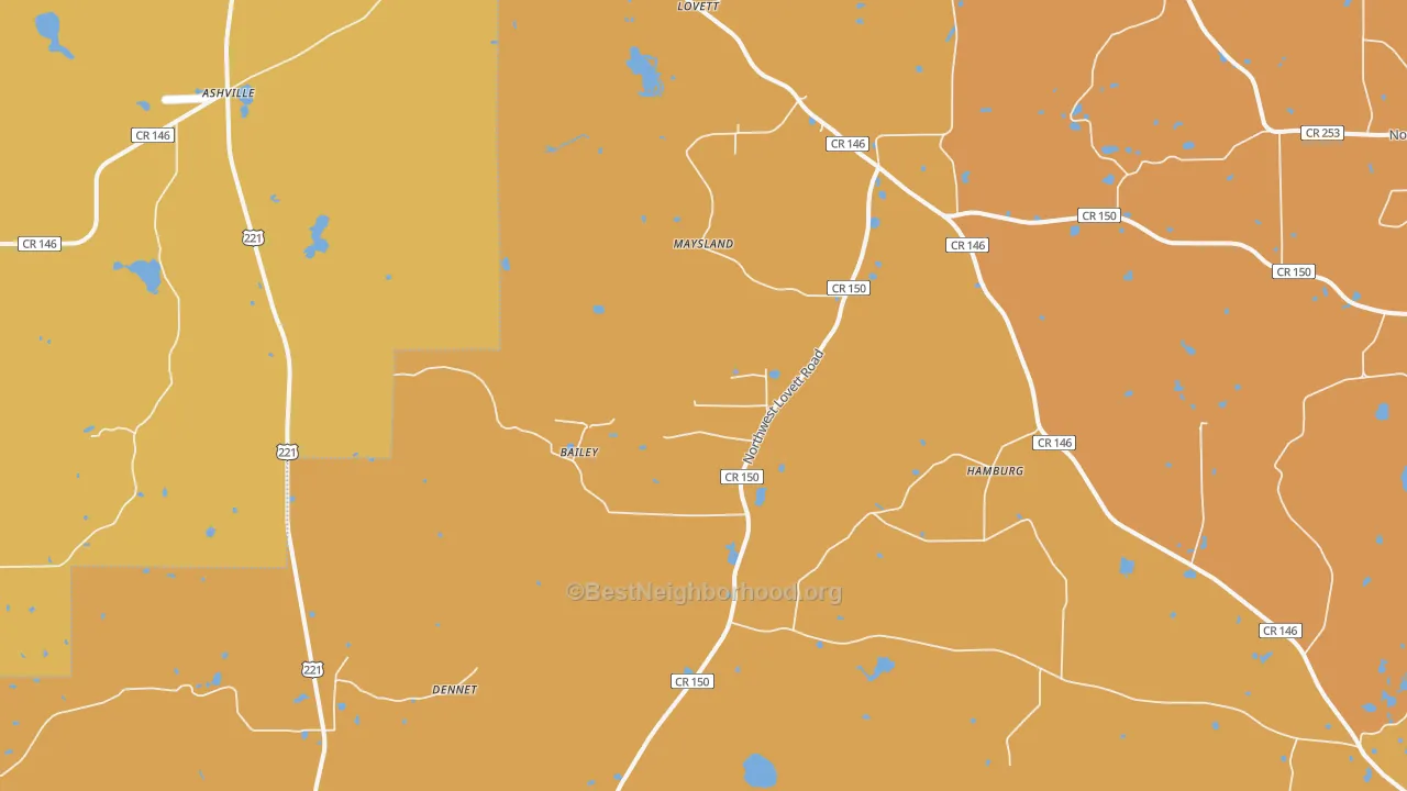 Map of the best neighborhoods in the Lovett area, with better matches in green and worse matches in red