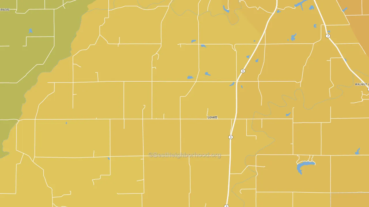 Map of the best neighborhoods in the Lovett area, with better matches in green and worse matches in red