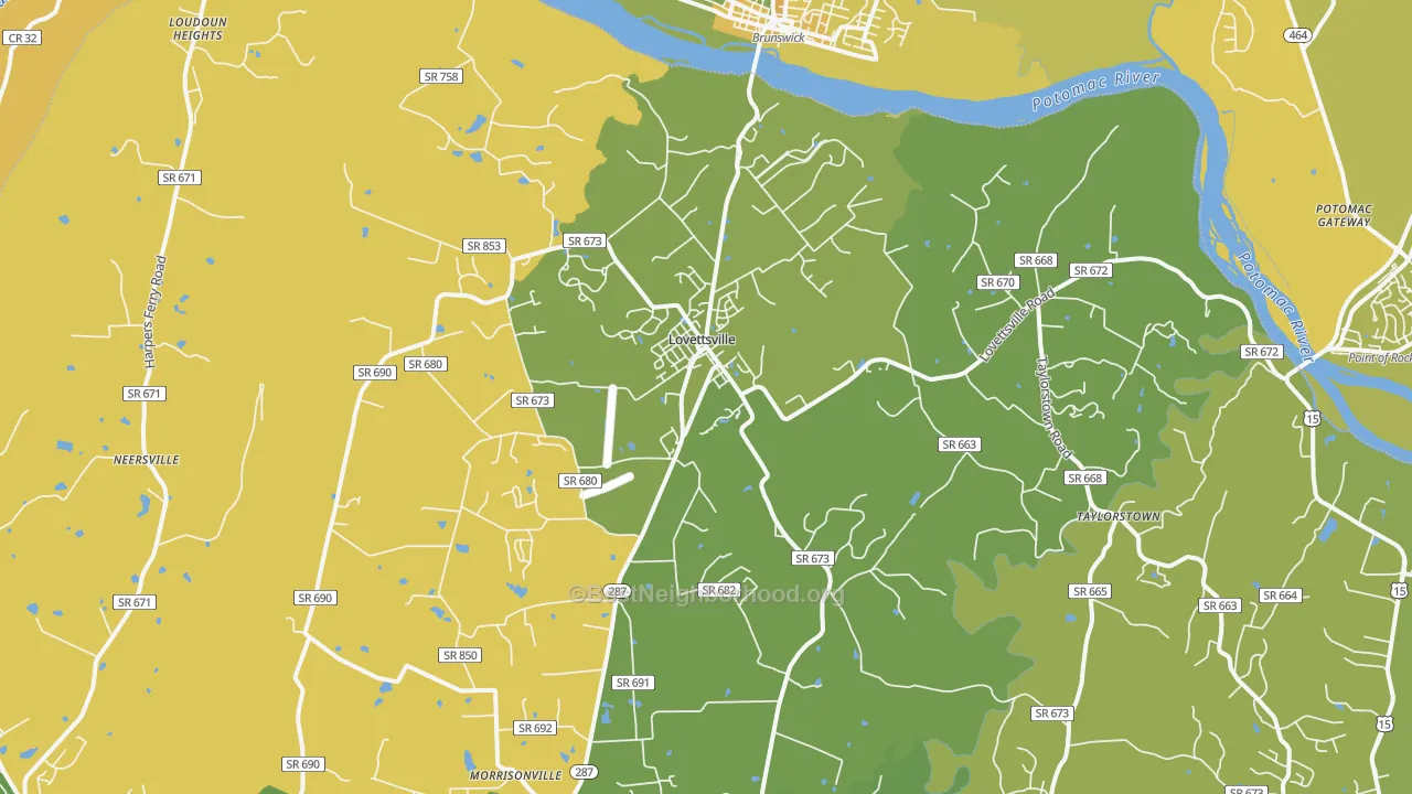 Map of the best neighborhoods in the Lovettsville area, with better matches in green and worse matches in red